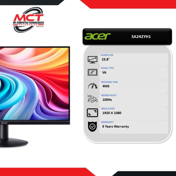 Acer SA242YH1 23.8" Full HD Monitor (1920 X 1080/23.8"/VA/4MS/100HZ/3 YEARS WARRANTY)