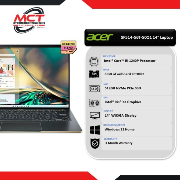 [2ND HAND - GRADE A] Acer Swift 5 SF514-56T-50Q1 14" FHD Laptop Mist Green (I5-1240P, 8GB LPDDR5, 512GB SSD, IRIS XE, W11H, 3 Months)