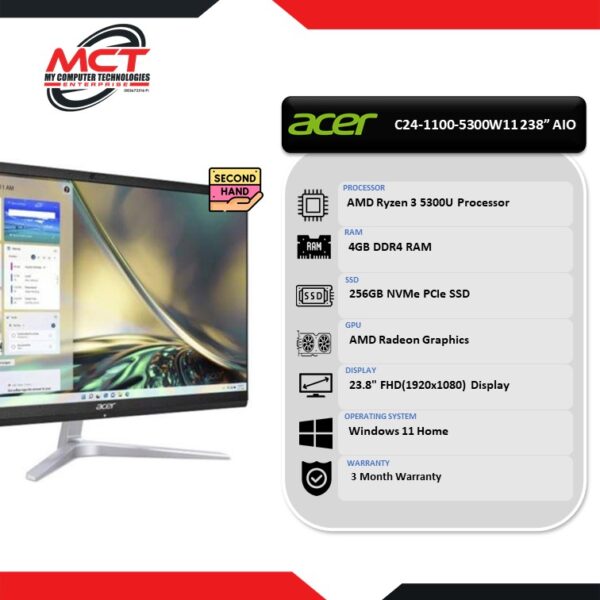 [2ND HAND - GRADE A] ACER Aspire C24-1100-5300W11 23.8" AIO Desktop PC (R3-5300U, 4GB DDR4, 256GB SSD, AMD RADEON, Win11, HS, 3 Months)