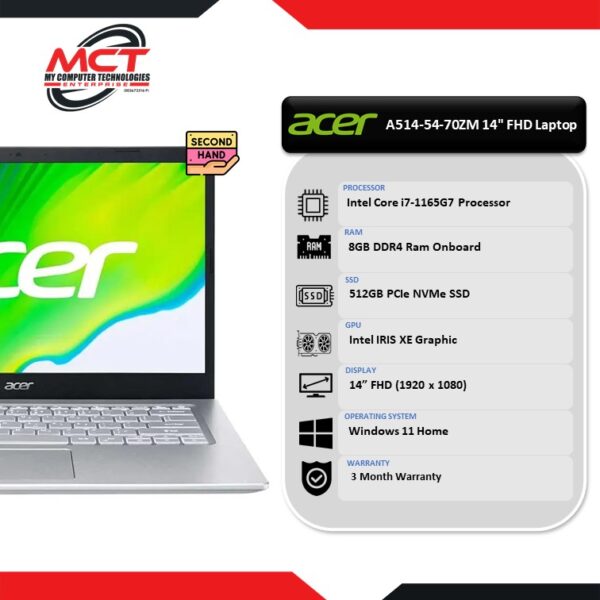 [2ND HAND - GRADE A] Acer Aspire 5 A514-54-70ZM 14" FHD Laptop Gold (I7-1165G7, 8GB DDR4, 512GB SSD, IRIS XE, W11, 3 Months)