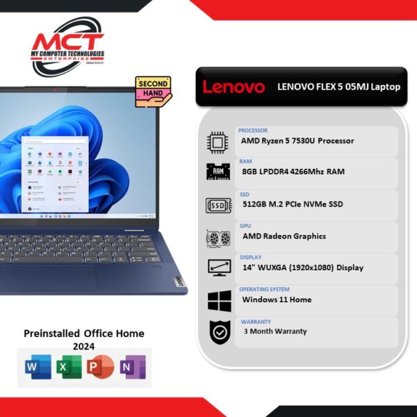 [2ND HAND - GRADE A]  LENOVO FLEX 5 05MJ 14''WUXGA Laptop-BLUE (R5-7530U, 8GB DDR4, 512GB SSD, AMD REDEON , W11, H&S , 3 Months)