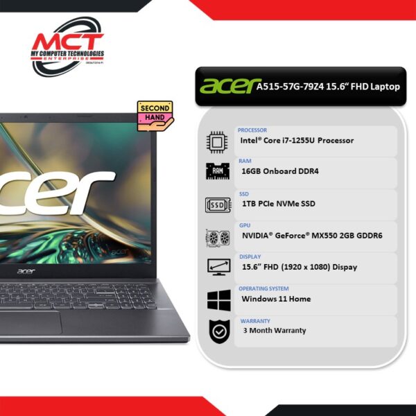 [2ND HAND - GRADE A] Acer Aspire 5 A515-57G-79Z4 15.6" FHD Laptop Blue (I7-1255U, 16GB DDR4, 1TB SSD, MX550 , W11, 3 Months)