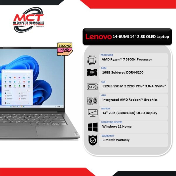 [2ND HAND - GRADE A] Yoga Slim 7 Pro 14-6UMJ 14" 2.8K OLED Laptop Gray (R7-5800H, 16GB DDR4, 512GB SSD, AMD RADEON, W11H, 3 Months)