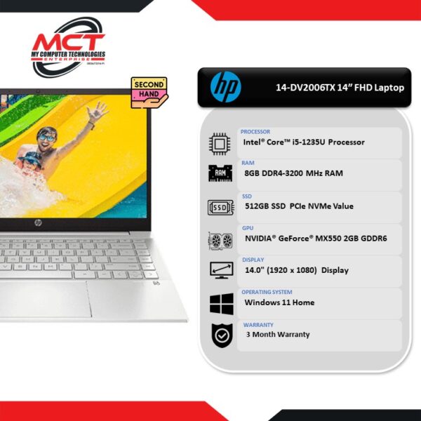 [2ND HAND - GRADE A] Hp Pavilion 14-DV2006TX 14″ FHD Laptop Warm Gold (I5-1235U ,8GB DDR4 ,512GB SSD,MX550 ,W11 ,3 Months)