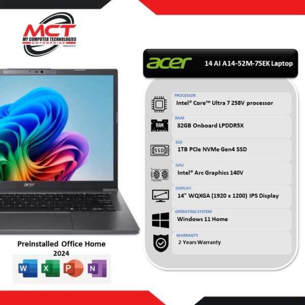 Acer Aspire 14 AI A14-52M-75EK 14" WUXGA Laptop Steel Grey (CU7-258V, 32GB LPDDR5X, 1TB SSD, Intel, W11, HS+M365, 2Y)