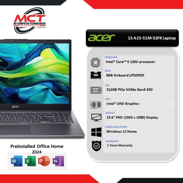 Acer Aspire 15 A15-51M-52FK 15.6" FHD Laptop Steel Grey (C5-120U, 8GB LPDDR5X, 512GB SSD, Intel UHD, W11, HS+M365, 2Y)