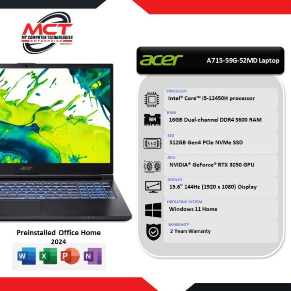Acer Aspire 7 A715-59G-52MD 15.6'' FHD 144Hz Gaming Laptop Black (I5-12450H, 16GB DDR5, 512GB SSD, RTX3050 6GB, W11, HS+M365, 2Y)