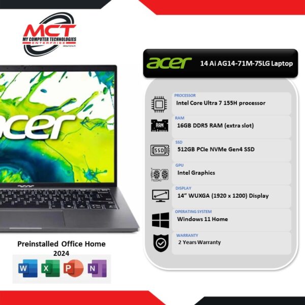 Acer Aspire Go 14 Ai AG14-71M-75LG 14" WUXGA Laptop Steel Grey (CU7-155H, 16GB DDR5, 512GB SSD, Intel, W11, HS+M365, 2Y)