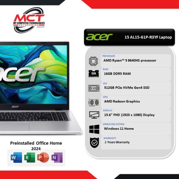 Acer Aspire Lite 15 AL15-61P-R3YF 15.6" FHD Laptop Light Silver (R5-8640HS, 16GB DDR5, 512GB SSD, AMD RADEON, W11, HS+M365, 2Y)
