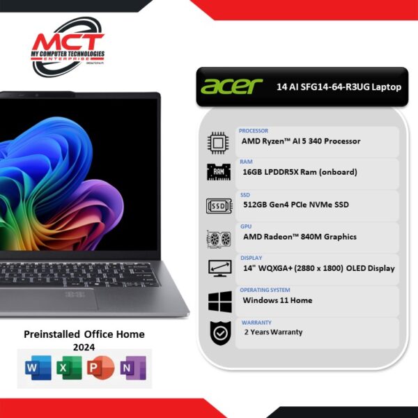 Acer Swift Go 14 AI SFG14-64-R3UG 14" WQXGA+ Laptop (AI 5 340, 16GB LPDDR5X, 512GB SSD, AMD RADEON, W11, HS+M365, 2Y)