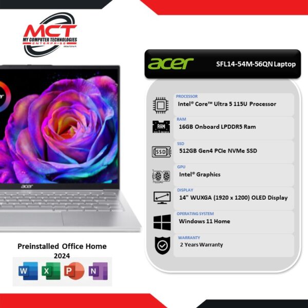 Acer Swift Lite 14 SFL14-54M-56QN 14" WUXGA OLED Laptop Light Silver (CU5-115U, 16GB LPDDR5, 512GB SSD, Intel, W11, HS+M365, 2Y)