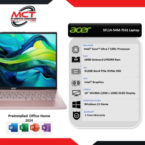 Acer Swift Lite 14 SFL14-54M-7531 14" WUXGA OLED Laptop Nude Pink (CU7-155U, 16GB LPDDR5, 512GB SSD, Intel, W11, HS+M365, 2Y)