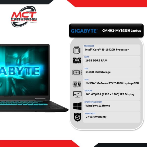 GIGABYTE A16 CMHH2-MY893SH 16” FHD+ 165Hz Gaming Laptop (I5-13420H, 16GB DDR5, 512GB SSD, RTX4050, W11, 2Y)