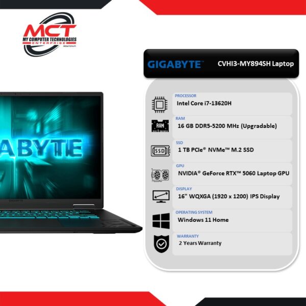 Gigabyte A16 CVHI3-MY894SH 16'' WUXGA 165Hz Gaming Laptop Black Steel (I7-13620H, 16GB DDR5, 1TB SSD, RTX5060, W11, 2Y)