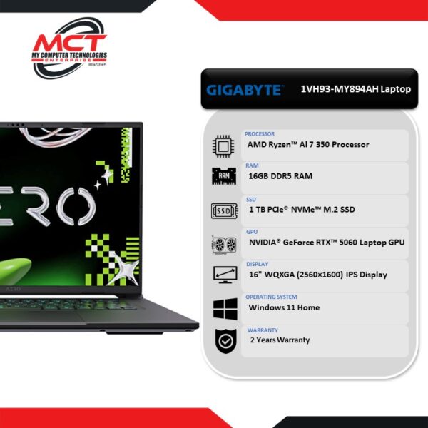 Gigabyte X16 1VH93-MY894AH 16'' WUXGA 165Hz Gaming Laptop (Ryzen™ Al 7 350, 16GB DDR5, 1TB SSD, RTX5060, W11, 2Y)