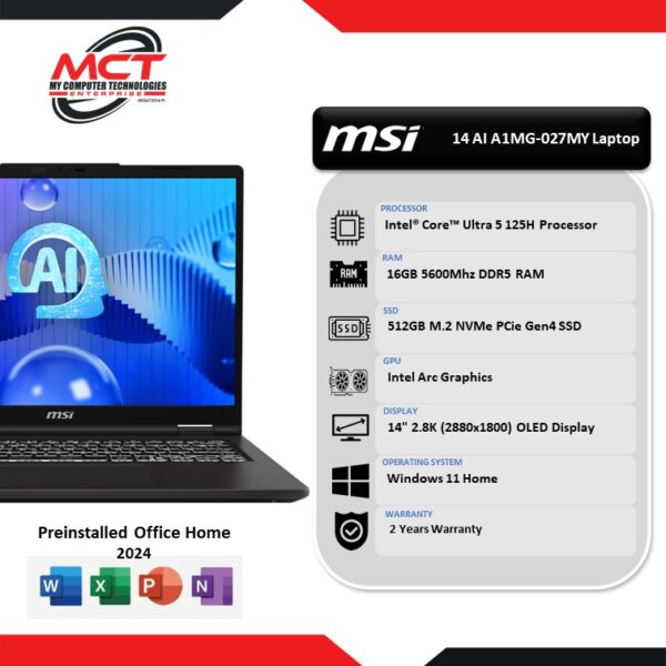 MSI Venture 14 AI A1MG-027MY 14" Laptop Solid Grey (CU5-125H, 16GB DDR5, 512GB SSD, INTEL ARC, W11, 2Y)