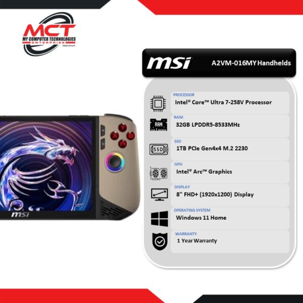 MSI Claw 8 AI+ A2VM-016MY Handhelds (CU7-258V, 32GB LPDDR5, 1TB SSD, INTEL ARC, W11H, 1Y)