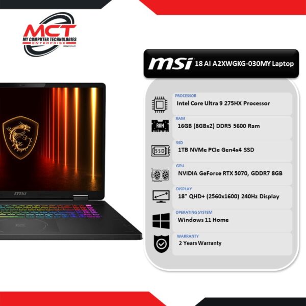 MSI Crosshair 18 HX AI A2XWGKG-030MY 18'' QHD+ Gaming Laptop (CU9-275HX, 16GB DDR5, 1TB SSD, RTX5070, W11, 2Y)