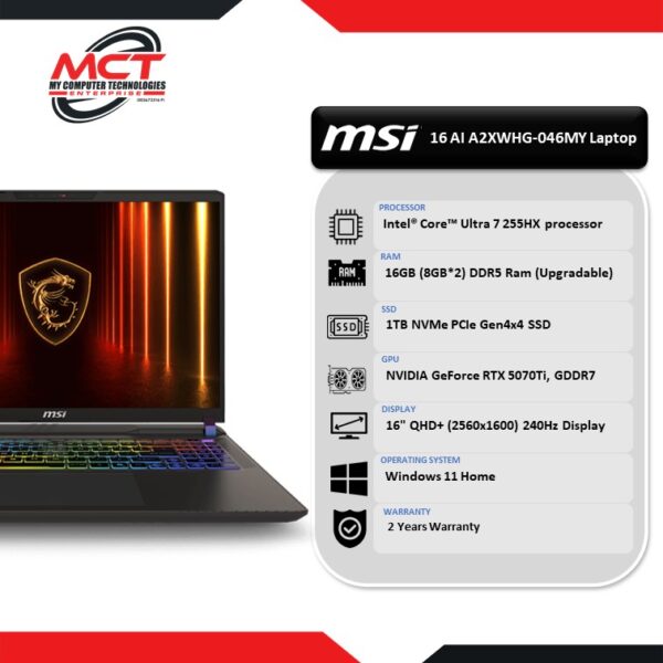 MSI Vector 16 HX AI A2XWHG-046MY 16" QHD+ Gaming Laptop (CU7-255HX, 16GB, 1TB SSD, RTX 5070Ti, W11, 2Y)
