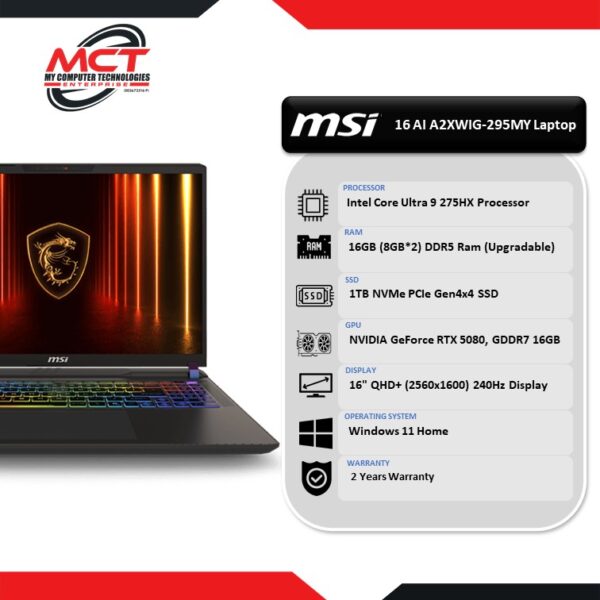 MSI Vector 16 HX AI A2XWIG-295 16" QHD+ Gaming Laptop (CU9 275HX, 16GB DDR5, 1TB SSD, RTX5080, W11, 2Y)
