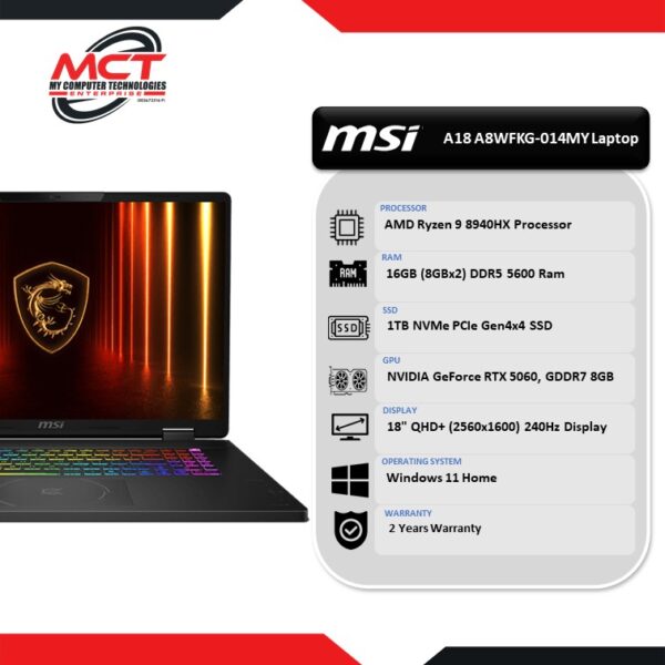 MSI Crosshair A18 HX A8WFKG-014MY 18'' QHD+ Gaming Laptop (R9-8940HX, 16GB DDR5, 1TB SSD, RTX5060, W11, 2Y)