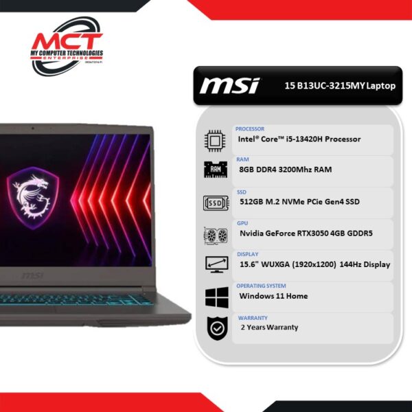 MSI Thin 15 B13UC-3215MY 15.6" Gaming Laptop Cosmos Grey (I5-13420H, 8GB DDR4, 512GB SSD, RTX3050, W11H, 2Y)