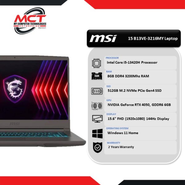 MSI Thin 15 B13VE-3216MY 15.6'' FHD Gaming Laptop Cosmos Gray (I5-13420H, 8GB DDR4, 512GB SSD, RTX4050, W11, 2Y)
