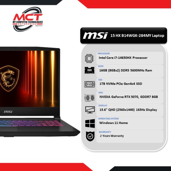 MSI Katana 15 HX B14WGK-284MY 15.6'' QHD 165Hz Gaming Laptop (I7-14650HX, 16GB DDR5, 1TB SSD, RTX5070, W11, 2Y)