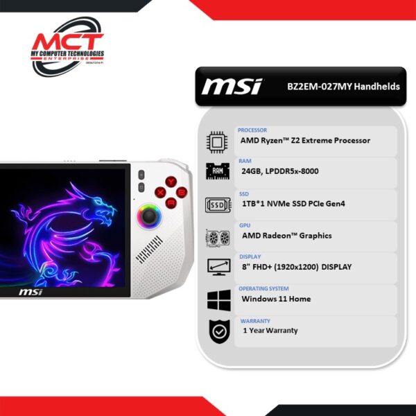MSI Claw A8 BZ2EM-027MY Handhelds Polar Tempest (RYZEN Z2 Extreme, 24GB LPDDR5X, 1TB SSD, AMD Radeon, W11H, 1Y)