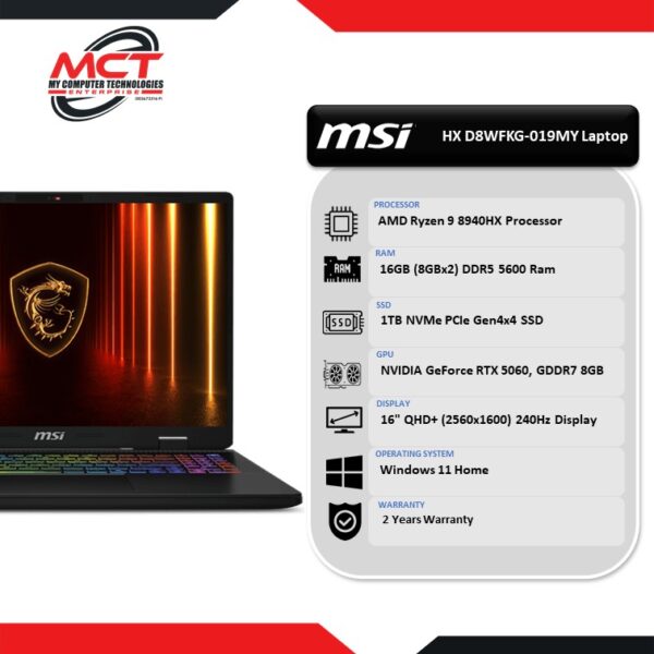 MSI Crosshair A16 HX D8WFKG-019 16'' QHD+ Gaming Laptop (R9-8940HX, 16GB DDR5, 1TB SSD, RTX5060, W11, 2Y)