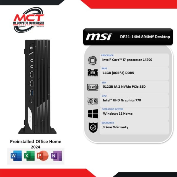 MSI PRO DP21-14M-894MY Home & Business Desktop (I7-14700, 16GB DDR5, 512GB SSD, Intel UHD, W11, 3Y)