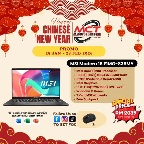 MSI Modern 15 F1MG 838MY Business & Productivity Laptop Gray (C5-120U, 16GB DDR4, 512GB SSD, INT, W11, 2Y)