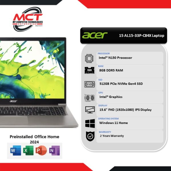 Acer Aspire Lite 15 AL15-33P-C84X 15.6" FHD Laptop Natural Titanium (N150, 8GB DDR5, 512GB SSD, Intel, W11, HS+M365, 2Y)