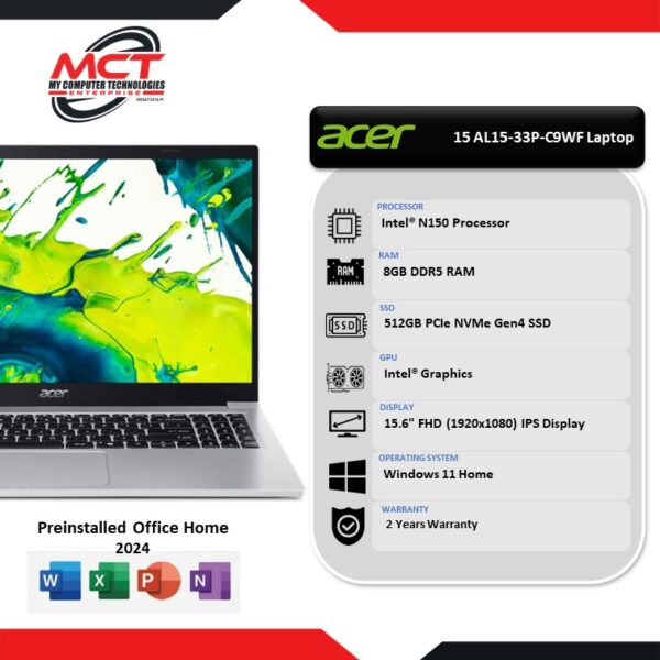 Acer Aspire Lite 15 AL15-33P-C9WF 15.6" FHD Laptop Pure Silver (N150, 8GB DDR5, 512GB SSD, Intel, W11, HS+M365, 2Y)
