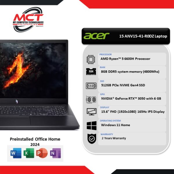 Acer Nitro V 15 ANV15-41-R0DZ 15.6" FHD 165Hz Gaming Laptop (R5-6600H, 8GB DDR5, 512GB SSD, RTX 3050 6GB, W11, HS+M365, 2Y)