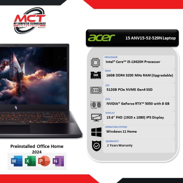 Acer Nitro V 15 ANV15-52-529N 15.6" FHD 180Hz Gaming Laptop (I5-13420H, 16GB DDR4,512GB SSD, RTX5050, W11, HS+M365, 2Y)
