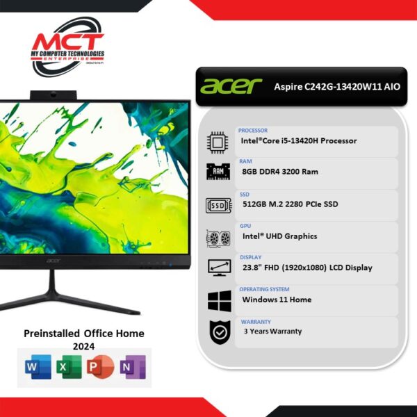 Acer Aspire C242G-13420W11 23.8" FHD All-In-One Desktop PC (I5 13420H, 8GB DDR4, 512GB SSD, Intel, W11, HS+M365, 3Y)