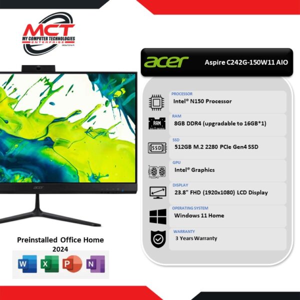Acer Aspire C242G-150W11 23.8" FHD All-In-One Desktop PC (N150, 8GB DDR5, 512GB SSD, Intel, W11, HS+M365, 3Y)