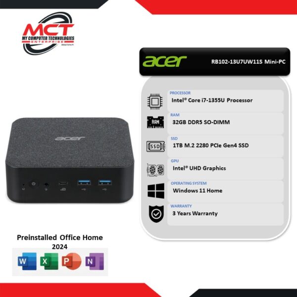 Acer Aspire Revo Box RB102-13U7UW11S (I7-1355U, 32GB DDR5, 1TB SSD, Intel, W11, HS+M365, 3Y)