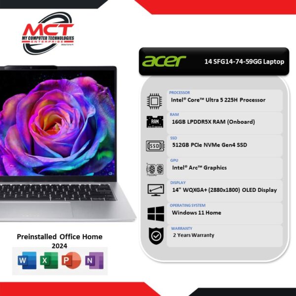 Acer Swift Go 14 SFG14-74-59GG 14" WQXGA+ OLED Pure Silver Laptop (CU5-225H, 16GB LPDDR5X, 512GB SSD, Intel Arc, W11, HS+M365, 2Y)