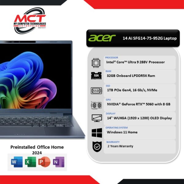 Acer Swift Go 14 Ai SFG14-75-952G 14" WUXGA OLED Laptop Steam Blue (CU9 288V, 32GB LPDDR5X, 1TB SSD, Intel Arc, W11, HS+M365, 2Y)