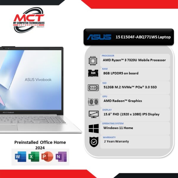 Asus VivoBook Go 15 E1504F-ABQ771WS 15.6'' FHD Laptop Cool Silver (R3-7320U, 8GB LPDDR5, 512GB SSD, ATI, W11, HS+M365 , 2Y)