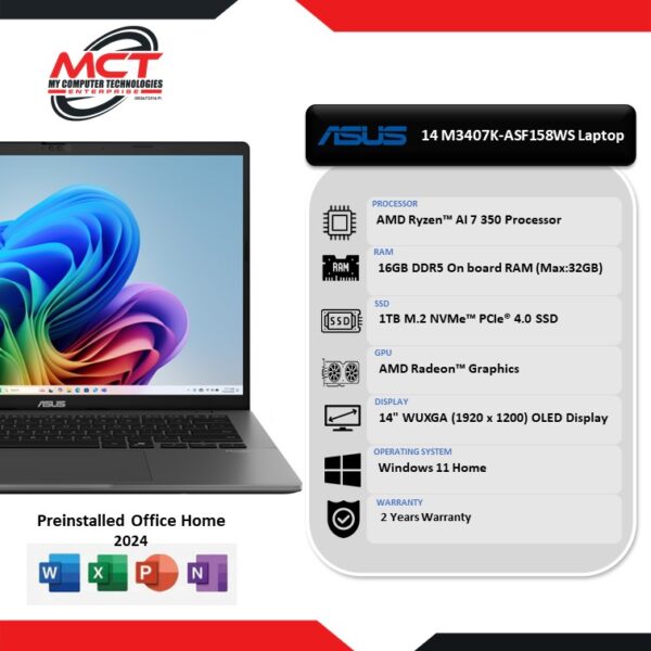 Asus VivoBook S 14 OLED M3407K-ASF158WS 14'' WUXGA Laptop Matte Gray (Ryzen AI 7 350, 16GB DDR5, 1TB SSD, ATI, W11, HS+M36, 2Y)