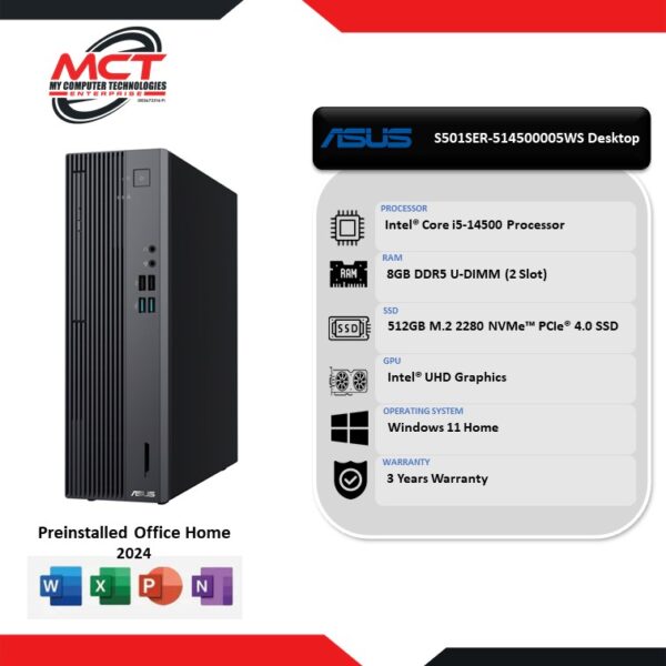 Asus S501SER-514500005WS SSF Desktop PC (I5-14500, 8GB DDR5, 512GB SSD, Intel, W11, HS+M365 , 3Y)