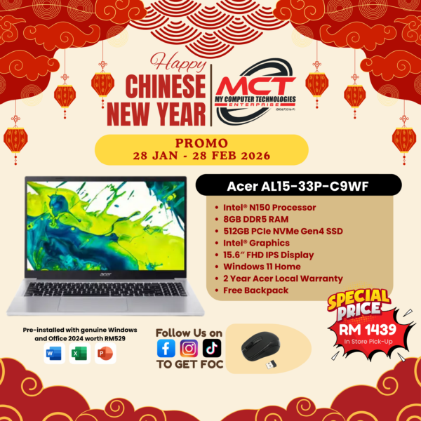 Acer Aspire Lite 15 AL15-33P-C9WF 15.6" FHD Laptop Pure Silver (N150, 8GB DDR5, 512GB SSD, Intel, W11, HS+M365, 2Y)