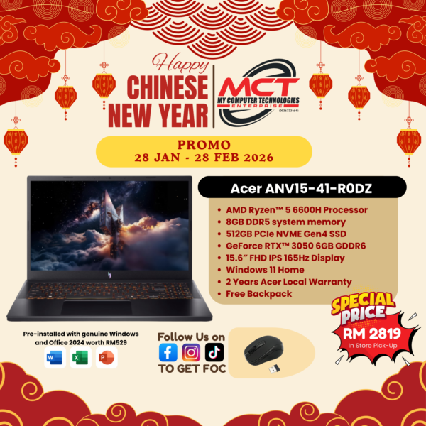 Acer Nitro V 15 ANV15-41-R0DZ 15.6" FHD 165Hz Gaming Laptop (R5-6600H, 8GB DDR5, 512GB SSD, RTX 3050 6GB, W11, HS+M365, 2Y)