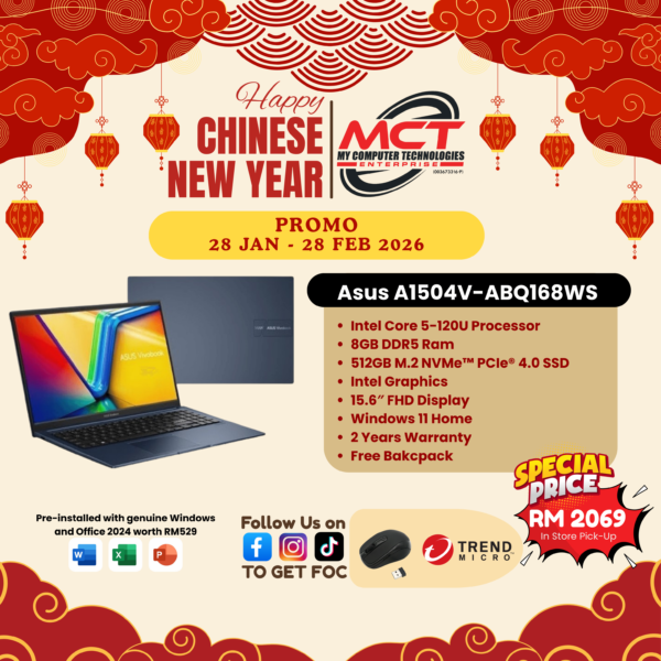 Asus VivoBook A1504V-ABQ168WS 15.6" FHD Laptop Blue (C5-120U, DDR5 8GB, 512GB SSD, Intel, H&S, W11, 2Y)