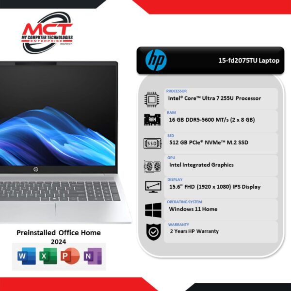 HP 15-fd2075TU 15.6" FHD Laptop Natural Silver (CU7 7255U, 16GB DDR5, 512GB SSD, Intel, W11, HS+M365, 2Y)