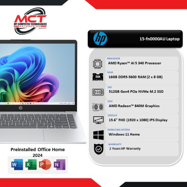 HP OmniBook 3 NGAI 15-fn0000AU 15.6" FHD Laptop Glacier Silver (Ryzen AI 5 340, 16GB DDR5, 512GB SSD, ATI, W11, HS+M365, 2Y)