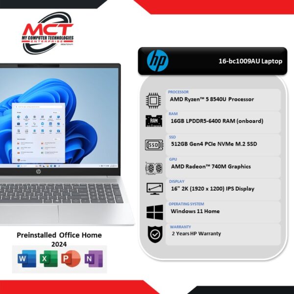 HP OmniBook 5 16-bc1009AU 16" 2K Laptop Glacier Silver (R5-8540U, 16GB LPDDR5, 512GB SSD, ATI, W11, HS+M365, 2Y)